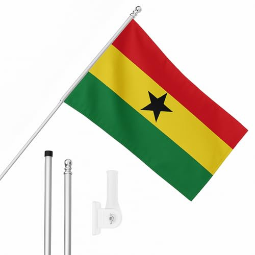 I LOVE FANCY DRESS Drapeau du Ghana, mât et support mural – Drapeau ghanéen de 1,5 x 0,9 m avec œillets, mât extensible et support – Décoration intérieure et extérieure