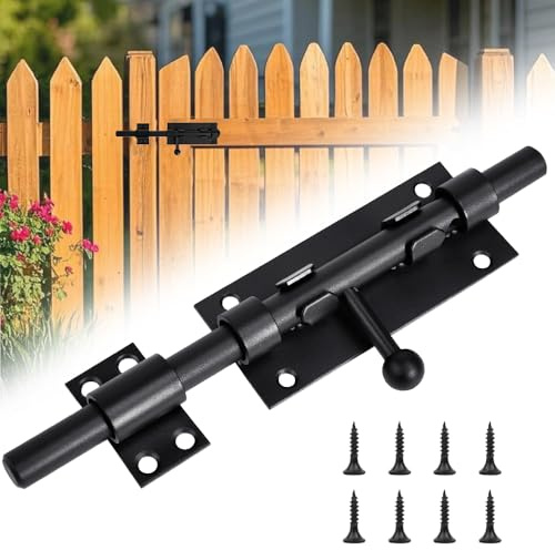 Fuhesgu Chiavistello Scorrevole per Cancello Resistente, Catenaccio Nero con Perno in Acciaio Inox, Catenaccio Porta in Legno con Foro per Lucchetto Chiavistello Porta Diametro 12mm (200 mm)