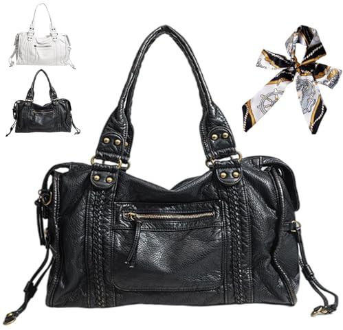 HItianya Sac à Main De Cours En Bandoulière, Sac à Main Vintage Femme Cours Lycee, Sac Fourre Tout En Cuir Pu,Fermeture Zip Sac Fourre-Tout En Avec Sangle Réglable Pour l'École, Les Voyages (B-Noir)