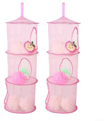 Set mit 2 dreilagigen Hängeaufbewahrungen, faltbare Netzkörbe zum Organisieren persönlicher Gegenstände, platzsparende Aufbewahrung für kleine Räume (Rosa)