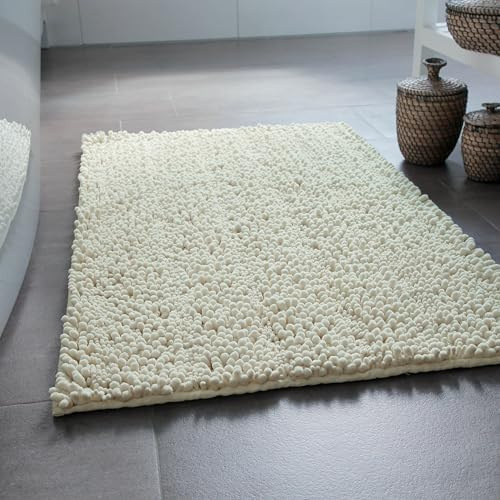 Wecon Home Basics Benno – Tappeto da bagno in ciniglia a pelo alto e morbido, antiscivolo, lavabile in lavatrice, caldo e accogliente (70 x 120 cm, Crema beige)