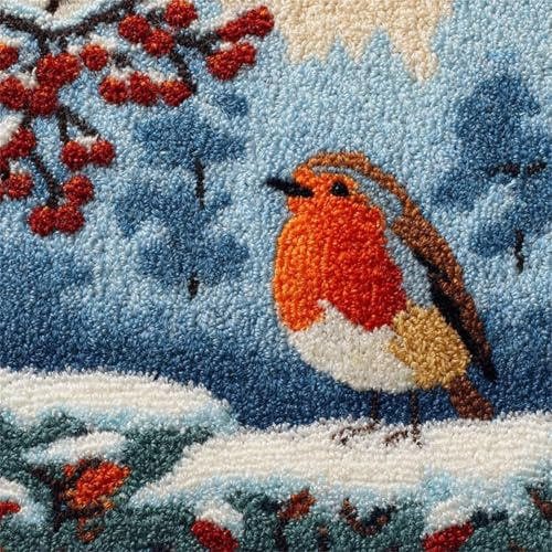 KnüpfKissen Set Erwachsene Kinder mit vordruck Robin Weihnachten Vogel Weißdorn Winter Schnee knüpfteppich zum selber knüpfen Kissenbezug Anfänger DIY Handarbeit Stickerei Handgemachtes Handwerk Sofa