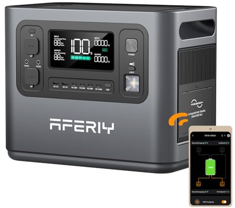 AFERIY 1200W Tragbare Powerstation, 1008Wh LiFePO4 & 1Std Schnellladung, 12 Ausgänge, UPS Funktion, Reine Sinuswelle 230V, APP Mobile Stromversorgung für Outdoors Camping, Garten & Notfall 2025 Neue
