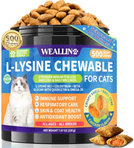 L-Lysine Chews for Cats 500 Chews, Immune & Respiratory Support Crunchy Shell with Krill Core, with Colostrum & Omega-3s for Sneezing and Runny Nose, Chicken Flavor, for All Ages & Breeds Cats