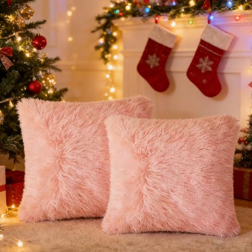 Lot de 2 Housse de Coussin Fourrure Moelleux, Double Face Doux en Peluche Coussins Carré Décoratif, Housse de Coussin Décorative Douce pour Salon Canapé Chambre Voiture, 40x40 CM, Rose