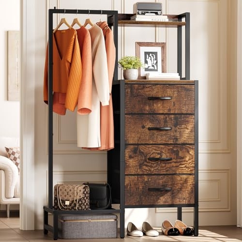 Yoobure Dresser with Hanging Rack - Small Closet with 4 Fabric Storage Drawers, 44H Dresser with Clothes Rack, Chest of Drawer, Kids Dressers for Bedroom, Entryway, Living Room, Sturdy Frame, Rustic