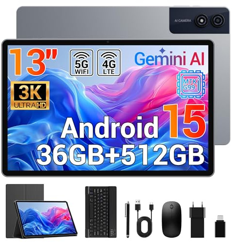 Tablette 13 Pouces, Écran 3K 2944*1840 90Hz, 36GB RAM+512GB ROM/1TB TF, 4G LTE+5G WiFi, G99 Gemini AI Tactile Tablets Gaming Android 15, Widevine L1/Face ID/11580mAh/GPS, avec Clavier/Stylet/Étui