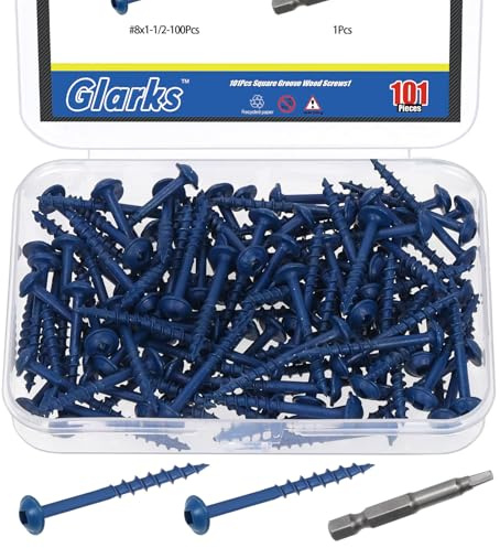 Glarks 100 tornillos de agujero de bolsillo #8 x 1-1/2 pulgadas con kit de brocas cuadradas, tornillos de madera cuadrados con revestimiento azul, tornillo de rosca gruesa de cabeza de arandela para