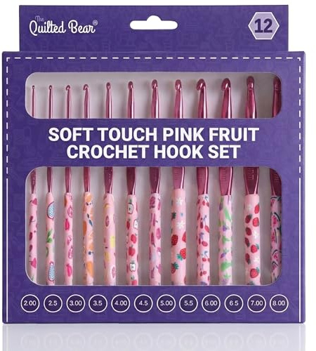The Quilted Bear Pink Fruits Crochet Hooks with Smooth Handles, Set of 12 | Soft Touch Polymer Clay Handles, Polished Aluminium Hooks, 12 Versatile Sizes 2mm to 8mm, Comfortable Grip, Lightweight
