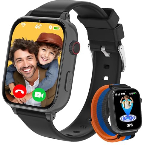 Smartwatch Kinder mit GPS und Telefon, 4G Kinderuhr mit Videoanruf Voice Chat, 2x Uhrarmband‌, SOS, Schulmodus, Schrittzähler, Wecker, Uhr Kinder Smartwatch für Mädchen Jungen Geschenke, Schwarz