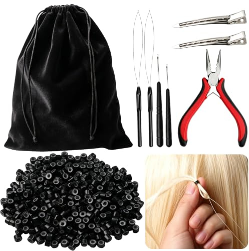 Microring Extensions tillbehörsset, hårförlängningsverktygssats med tång, 500 silikonmikroringar 5 mm svart, 2 slingor, 2 kroknålar, 2 hårklämmor och förvaringsväska