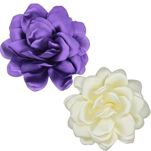 Lot de 2 broche de fleurs de roses, grande broche de mousselin, broches florales élégantes pour les cheveux, les mariages, les fêtes et les bals(Blanc laiteux, lila)