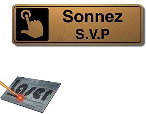 Plaque Gravée Autocollante 13X4 cm Sonnez Svp Fond Or Brossé