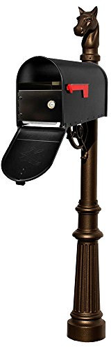 Qualarc LMPST-E1-LKIT-801-BRZ Lewiston Rust Free Cast Aluminum Locking Mailbox System with Economy Mailbox, Post, Decorative Horsehead Finial & Fluted Base, Bronze