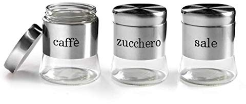 Set 3 barattoli tris barattolini cucina sale-zucchero-caffè in vetro e accciaio inox 11*14 cm 750 ml OYO-772016