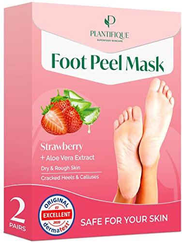 Plantifique Foot Peel Mask – 2 Pairs Exfoliating & Dermatologically Tested Foot Treatment, Removes Dead Skin & Repairs Heels for Soft Feet – Strawberry Scent, Gift for Women & Men