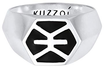 Kuzzoi - Anello da uomo con sigillo esagonale, smaltato nero, 12 mm di larghezza, in argento Sterling 925, con logo basic, per uomo, misura 60-66, colore: argento, cod. 0606981520_66