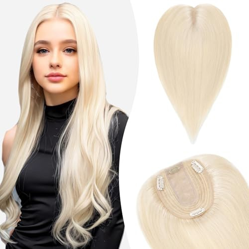 Silk-co Hair Topper Echthaar, 10x12cm Basis Toupet Damen, Haartopper Echthaar mit Remy Seide Basis, Haar Topper Clip in Haarteil Extensions, 15cm60# Platinblond