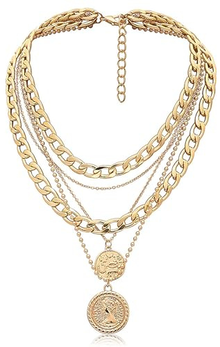 MJartoria Layered Necklaces for Women Trendy Retro Coin Pendant Necklace Dainty Chunky Chain Choker Necklaces for Jewelry Birthday Gifts (Golden, A-Retro Coin-5 in 1 Layered)