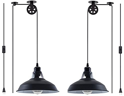 Plug in Pendant Light Industrial Pulley Pendant Lamp E26 Vintage Hanging Light Fixture With 16.4ft Cord On/Off Switch For Pool Table,Houseplant Grow lights,Kitchen Island,Sink 2 Pack Black