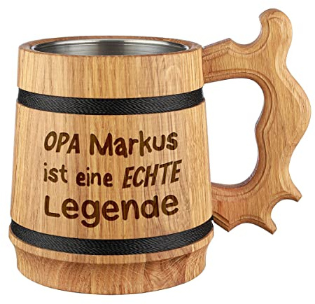 polar-effekt Chope à bière en bois véritable avec gravure personnalisable - 500 ml - Vol. - 19,5 cm - Pour anniversaire, Noël, jubilé - Motif grand-père est une légende