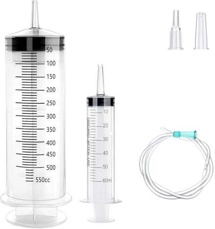GOLDEROC 2 sprutor, 1 stor spruta 500 ml + 1 spruta 60 ml, spruta med slang, oljespruta av plast, återanvändbar plastspruta för laboratorium, trädgård, djurmat och industri | Oljespruta med slang för motorolja och växellådsolja, läckagesäker, återanvändbar för verkstad, laboratorium och trädgård