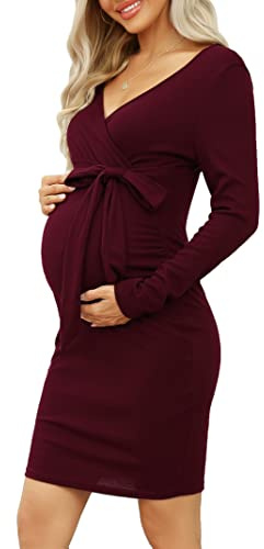 KOJOOIN Damen Umstandskleid Enge Langarm Stillkleid V-Ausschnitt Schwangere Kleider Mutterschaft Schwangerschaft Knielanges Partykleid mit Gürtel (Verpackung MEHRWEG), A-Weinrot, M