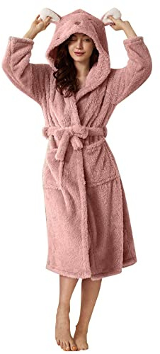 Albornoz para mujer cálido y corto – Albornoz para mujer Kawaii – Albornoz de casa esponjoso con orejas – Bata larga de invierno para sauna, bata de baño acogedora para mujer, Rosa., S