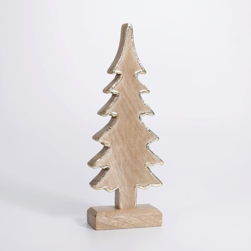 Deko Tannenbaum Aufsteller 30 x 12 x 5 cm beige Deko-Baum aus naturbelassenem Holz Deko-Tannenbaum Herbstdekoration mit Goldrand