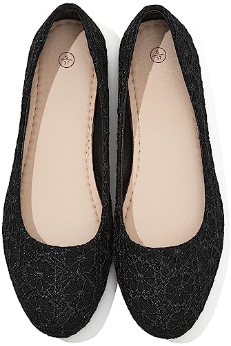 Dress Shoes for Women Round Toe Flats Shoes Lace Ballet Flats Dressy Comfortable Foldable Flats Low Heel(Black.us11)