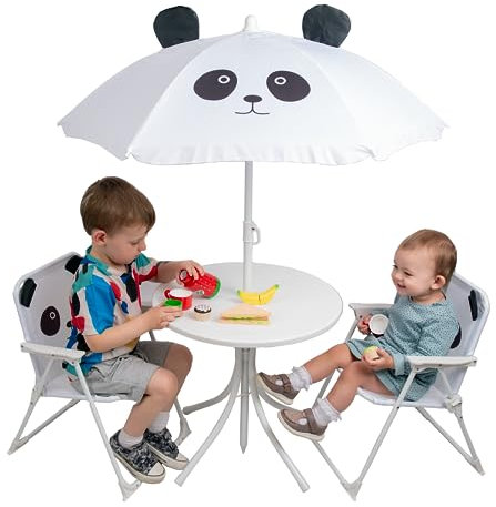 Relsy Panda White Patio Set Kids Garden Furniture | 4-Piece Bistro Set Includes Kids Picnic Table, 2x Foldable Garden Chair, Adjustable Garden Parasol | White Panda Design Kids Outdoor furniture