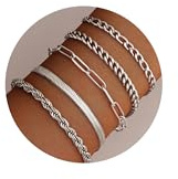 CASSIECA 5Pcs Silver Bracelets for Women 18K Gold Plated Figaro Cuban Chain Bracelets Adjustable Stacking Link Charm Bracelets Women Gold Silver Jewellery Set for Girls Dainty Bangle Cuff for Her