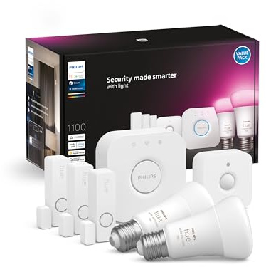 Philips Hue Secure Kit de Inicio con 3 Sensores de Contacto Inteligente para Puertas y Ventanas, Sensor de Movimiento Hue, Bombillas Inteligentes Luz Blanca y de Colores E27, Hue Bridge, Blanco