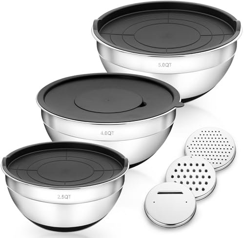 Bastwe Mixing Bowl Set of 3, Stainless Steel Salad Bowls with Airtight Lids for Baking/Cooking, Size 2.5/4 / 5QT, Non Slip Silicone Bottom Metal Nesting Bowls, Heavy Duty & Dishwasher Safe