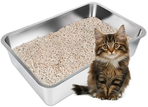 JunWish Rostfritt Stål Litter Box för Katt och Kanin, Stor Storlek Metall Kattpanna med slät yta, Lätt att rengöra (23,5'' x 15,6'' x 6'' (60 x 40 x 15 cm))