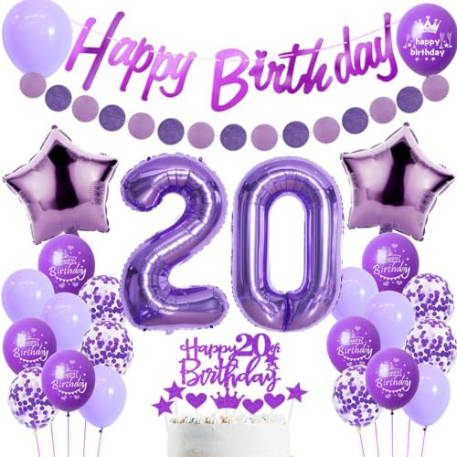 20. Geburtstag Dekoration Frauen, Lila Tortendeko 20. Geburtstag, Frau 20. Party Deko, Luftballons 20. Dekoration ,Geburtstagsdeko 20 Jahre Frau, 20. Ballon