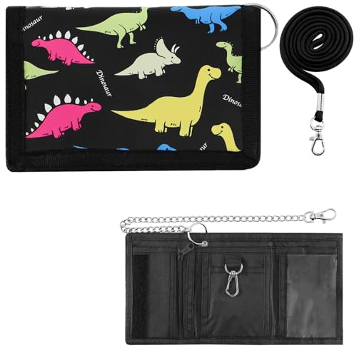 TOKSEO Kindergeldbeutel mit Klettverschluss, Kordelzug, Metallkette, Geldscheinfach und Münzfach, 8 x 12 cm Faltbare Dinosaurier Motive Portemonnaie Kinder Geschenk für Kinder