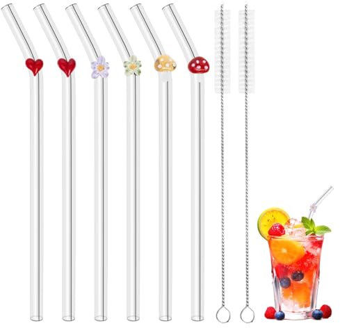 6 PCS Glass Straws with Different Charms, Cute Reusable Straws with 2 PCS Cleaning Brush, Bent Glass Straw for Smoothies Cocktail Juice Coffee Milkshakes, 20cm (Colour 1)