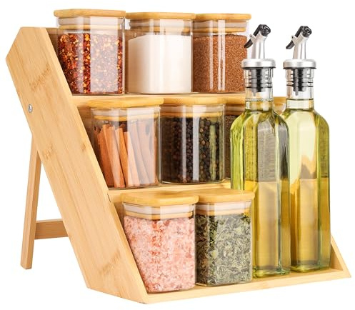 BELLE VOUS 3-Tier Spice Rack with 8 Glass Jars & 2 Oil Dispenser Bottles - Wooden Free Standing Spice Jar Storage Organiser for Kitchen Herbs/Seasonings