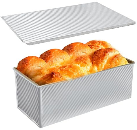 Saihisday 1000g Gold Loaf Pan with Lid Non-Stick Bakeware Baking Tin, Golden Corrugated Bread Toast Box Mold with Cover Carbon Steel Corrugated Bread Toast Box Mold for Baking Bread