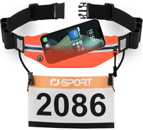 Laufgürtel für Handy – wasserdichte Lauftasche, Sportgürtel Hüfttasche | Triathlon Startnummernband Laufgurt mit Bauchtasche & verstellbarem Gummiband & Nummernhalter & 6 Gel-Haltern(Orange)