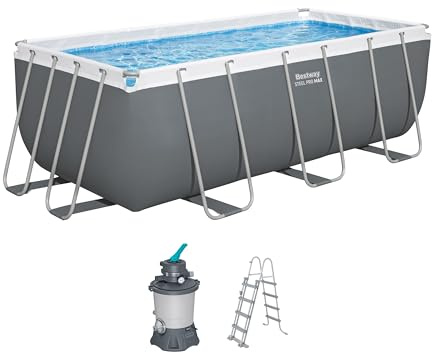 Bestway Power Steel Frame Pool Set mit Sandfilteranlage 412 x 201 x 122 cm, grau, eckig