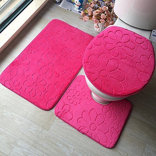 Bad Teppiche Set Rose Rote Blume Badezimmerteppich Waschbar WC Vorleger mit Ausschnitt und WC Deckelbezug 3 Teilig Badematte rutschfest Toilettensitzbezug Badgarnitur 50x80 cm