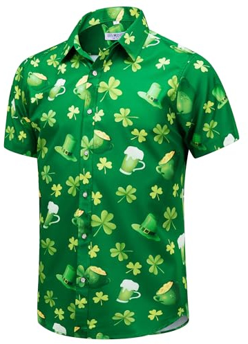 ENVMENST Mens St.Patrick's Day Shirt Irish Clover Printed Casual Short Sleeve Hawaiian Button Up Shirts(C1001-3XL)