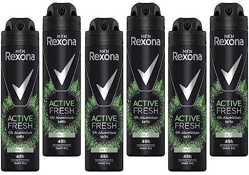 6x Rexona Men Deo Spray Active Fresh-0% Aluminiumsalze mit herb-frischem Duft Anti-Transpirant mit 48 Stunden Schutz gegen starkes Schwitzen und Körpergeruch,150 ml (6er Pack)