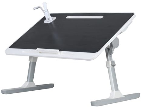 Calager Escritorio para laptop para cama, mesa de laptop ajustable en 5 niveles, escritorio plegable con barra de tope, ventilador USB y ranura para lámpara de escritorio pequeña, mesa de pie para