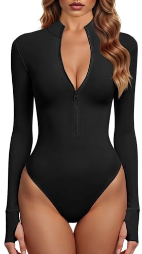 GJY bodys för kvinnor, en bit dragkedja fram, långärmade toppar, jumpsuits, svart, XL