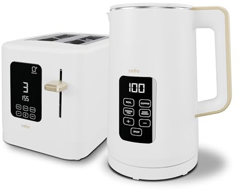 White 800W 2 Slice Toaster, 1.7L 3000W Digital Kettle | Toaster with Detachable Crumb Tray, Digital Control Panel with Countdown Timer, BPA-Free Auto Shut-off Electric Temperature Control Kettle