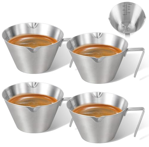 carrottimes Vaso medidor de espresso con mango de 100 ml, 304 tazas de acero inoxidable, 4 boquillas dobles en forma de V y doble escala de metal, vasos de chupito de espresso, accesorios para