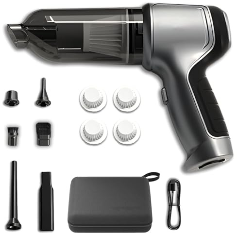 Aspirateur Compact Pro, Aspirateur de Voiture sans Fil à Main, Moteur sans Balais Haute Puissance 12000PA, avec Filtre Lavable et Sac de Rangement (1x Silver Grey + 4 filtres + 1 Sac EVA)
